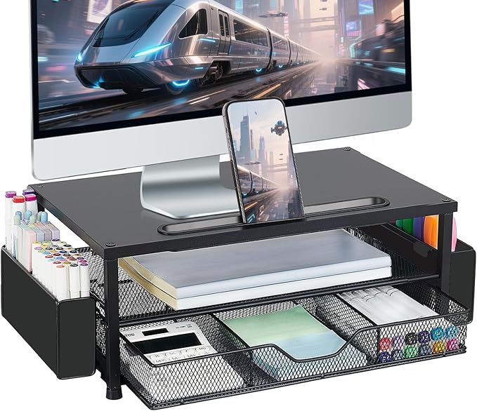 AUPSEN Wood Computer Monitor Stand Riser, 2-Tier Black Desk Organizer with Drawer, Pen Storage & Phone Holder ,Office Desk Accessories Desktop Organizer for Office Supplies