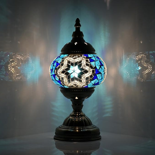 Turkish Moroccan Table Lamp Lantern with Handmade Mosaic Glass Lampshade Tiffany Style Bohemian Stained Glass Decorative Desk Lamps Bedside Night Lights for Bedroom (Blue White)
