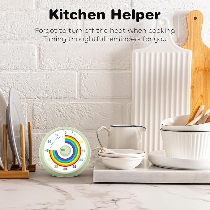 Visual Timer for Kids, 60-Minute Countdown Timer for Classroom Office Kitchen, Desk Timer Kids Time Management Tools with Silent Operation, Pomodoro Time Rainbow Pattern (Grass Green)