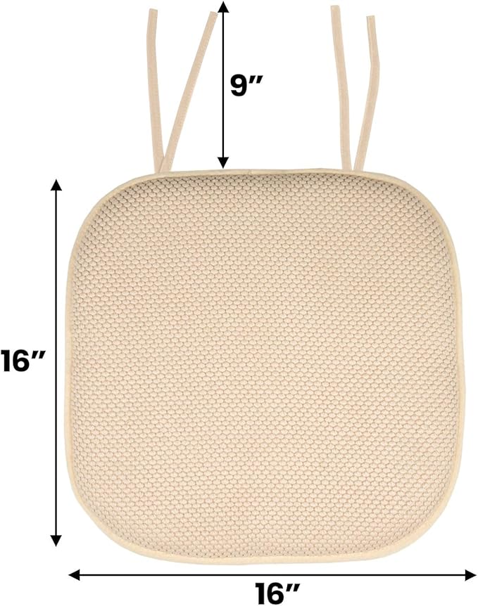 Sweet Home Collection Chair Cushion Memory Foam Pads with Ties Honeycomb Pattern Slip Non Skid Rubber Back Rounded Square 16" x 16" Seat Cover, 12 Pack, Linen 12 Pack