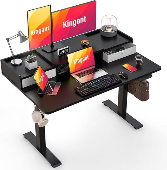 Kingant 48" x 30" Standing Desk with Drawers, Large Desktop, Ergonomic Sit Stand Desk for Home Office Work, Cable Management, 3 Preset Heights & 2 Hooks, Classic Black