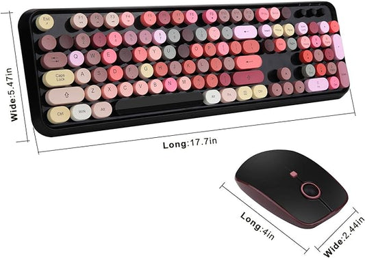 Letton USB Retro Typewriter Keyboard, Wireless Full Size with 104 Colorful Round Key and Cute Mouse with 3 DPI, 2.4GHz for Office Computer Laptop Mac PC-Black