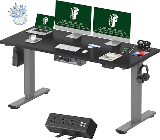 FLEXISPOT EN2 Whole-Piece Standing Desk with Clamp Power Strip, 60 x 24 Electric Stand Up Height Adjustable Desk with Cable Management (Gray Frame + Black Top, 2 Packages)