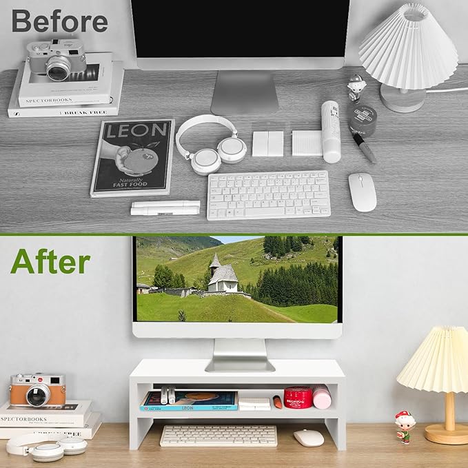 TEAMIX 2 Tier White Monitor Riser Stand, Wood Desktop Stand with storage for Laptop/PC/Printer/Keyboard, TV Stand Shelf Home Office Desk Accessories