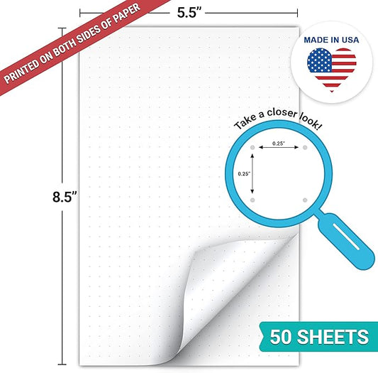 321Done Double Sided Dot Grid Paper Notepad, 0.25 Grid, 5.5x8.5, Made in The USA, Dotted Graph Pad for Drawing, Planning BUJO Bullet Journaling (50 Sheets) Thick Heavy White Paper