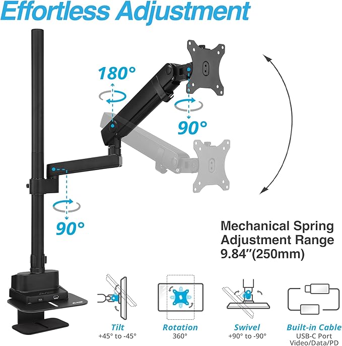 AVLT Single 40 Inch Monitor Arm Pole Top Mount With USB-C USB-A Ports-Black, Supports 26.4 lbs (12kg), Ultrawide screen fit, VESA Compatible, Tilt, Swivel, Rotate, Ergonomic adjustable height, Durable