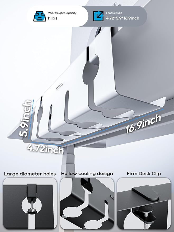 NODOCA No Drill Under Desk Cable Management Tray, 17'' Wire Management, Punch-Free Clamp on, Metal Cable Tray, Wire Organizer Under Desk, Under Desk Basket for Office and Home, White(2 Packs)