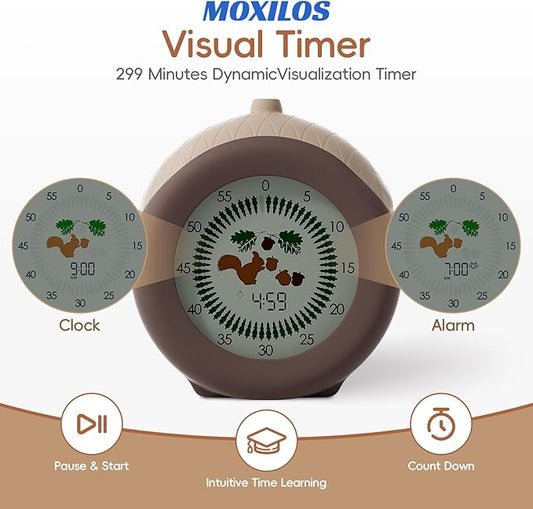 Digital Visual Timer for Kids with Protective Case, Hazelnut Theme 299 Minute Cute Squirrel Timer for Classroom Office Kitchen, Time Management Tools for ADHD Children