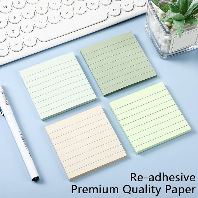 12 Pack Sage Green Lined Sticky Notes 3x3 inch Post Ruled Stickies Super Self Stick Power Memo Pads Multi Colors Notes Pads Vintage Aesthetic School Office Supplies Accessories