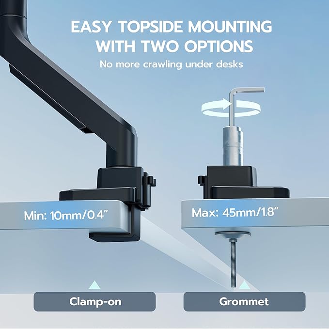 ARES WING Ultrawide Monitor Arm, Heavy Duty Single Monitor Mount for 13"-49" Curved Screens, Adjustable Stand for Desk with C-clamp & Grommet Base up to 40 LBS, Black