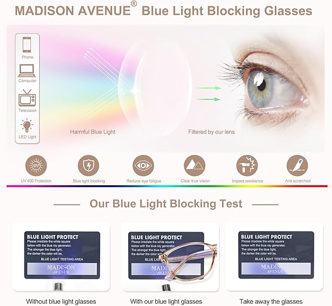 Madison Avenue Blue Light Blocking Glasses Anti Eyestrain UV Glare Blue Light Glasses for Women with Case, TV Phone Computer Gaming Eyeglasses (Coffee Brown)