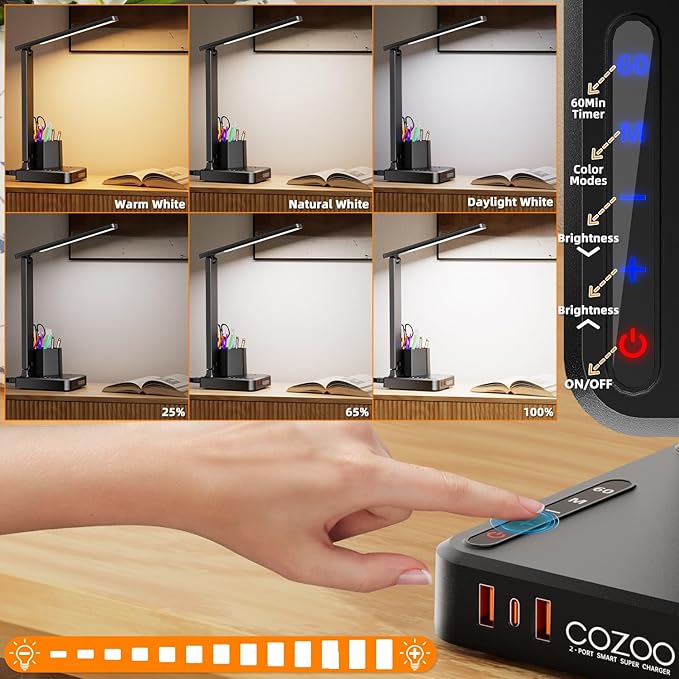 COZOO LED Desk Lamp with 3 USB Charging Ports,1 AC Outlet,2 Pen Holders,3 Color Temperatures 3 Brightness LevelsTouch/Memory/Timer Function,10W Eye Protection Foldable Reading Light,College Study Lamp