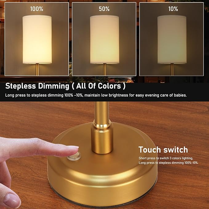 Small Cordless Touch Lamps for Nightstand Lamp Battery Operated Rechargeable Lamp, Portable 3 Colors Stepless Dimmable Fabric Shade Night Light for Restaurant/Bedroom/Outdoor (White+Brass)