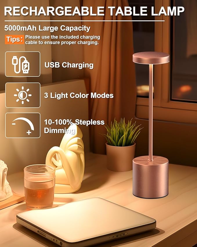 Cordless Table Lamps Rechargeable Set of 2, Portable LED Desk Lamp, 5000mAh Battery Powered Wireless Table Light - 3 Color Dimmable Lighting for Restaurant Dining Patio Outdoor Bedroom(Rose Gold)