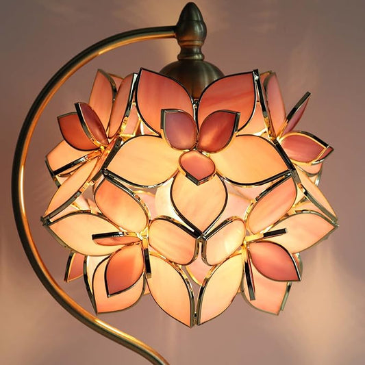 Bieye L10833 Rose Lily Flower Tiffany Style Stained Glass Table Lamp with Vintage Brass Base Electroplating Finish for Bedside Bedroom Living Room Home Decoration, 8 inch Wx17 inch H, 8 inch Rose Lily