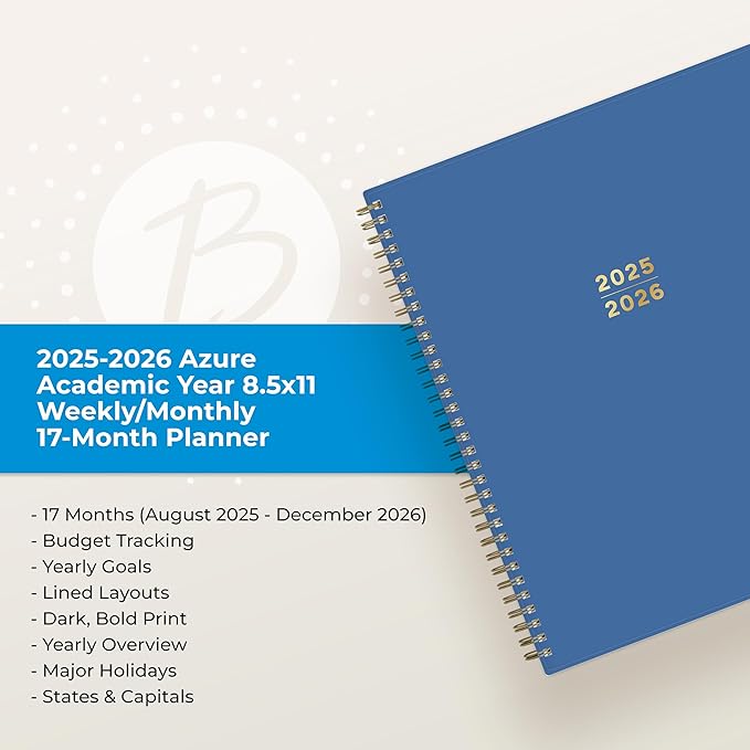 Blue Sky 2025-2026 Academic Year Weekly and Monthly Planner Calendar, August 2025 - December 2026, 17-Month, 8.5" x 11", Flexible Cover, Wirebound, Laminated Tabs, Azure