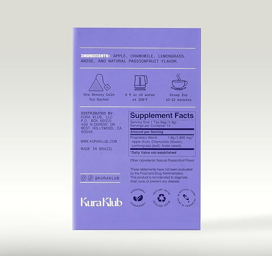 Kura Klub Nighttime Sleep & Relaxation Tea — Chamomile & Passion Fruit Herbal Blend for Stress-Free Evenings, Beauty & Digestion Support — Caffeine-Free, No Microplastics — 14 Biodegradable Teabags