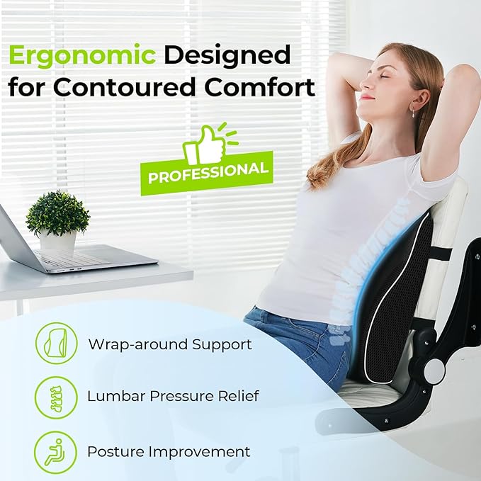 AUVON Lumbar Support Pillow for Office Chair with Patented Bulge for Lower Back Support, Ergonomic Office Home Essentials Improve Posture, Memory Foam Chair Cushion with Straps for Home, Office, Car