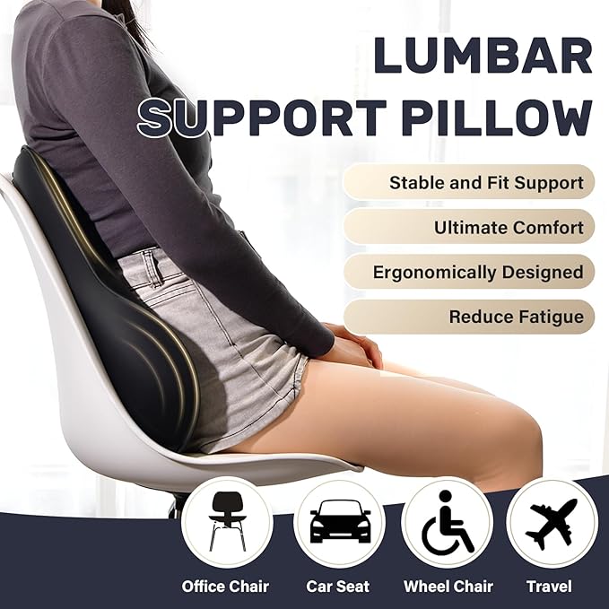 Coverado Lumbar Support Pillow for Car, Ergonomic Memory Foam Back Pillow for Office Chair, New Back Cushion for Pain Relief, PU Leather Car Lumbar Support for Driving Seat - BK