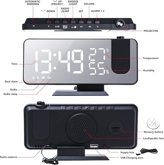 Projection Alarm Clock for Bedroom Ceiling Digital Radio with USB Charger Ports, 7.3" Large LED Screen, 4 Dimmer, Dual Alarm Clock with 2 Sounds, Snooze, Black