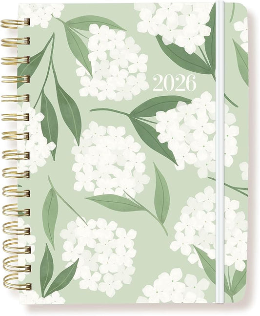 18 Month Planner/Calendar by Graphique, July 2025 – Dec. 2026 Green Hydrangea Floral Hardbound Spiral Planner, Monthly Tabs, Holidays, Reminder Stickers, 6” x 8”