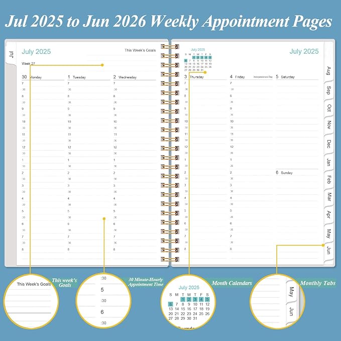 2025-2026 Appointment Book & Planner - Hourly Planner from July 2025 - June 2026, Weekly Appointment Book 2025-2026 with 30-Minute Interval, 6.4" x 8.5", Dark Blue