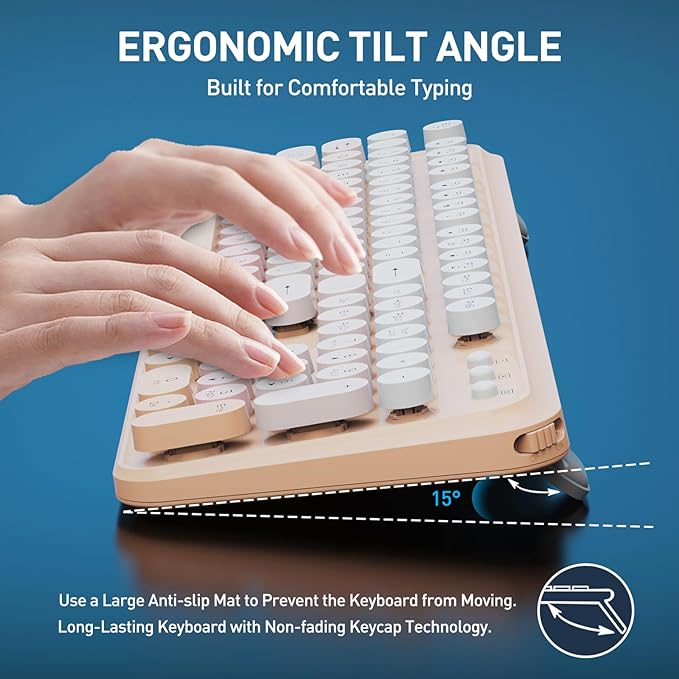 Keyboard and Mouse Wireless,2.4Ghz Retro Typewriter Style Round Keycap,Full Size Wireless Keyboard Mouse Combo,Cute Cordless Keyboard Mouse Set for PC Laptop Desktop Computer-Pink Orange Colorful