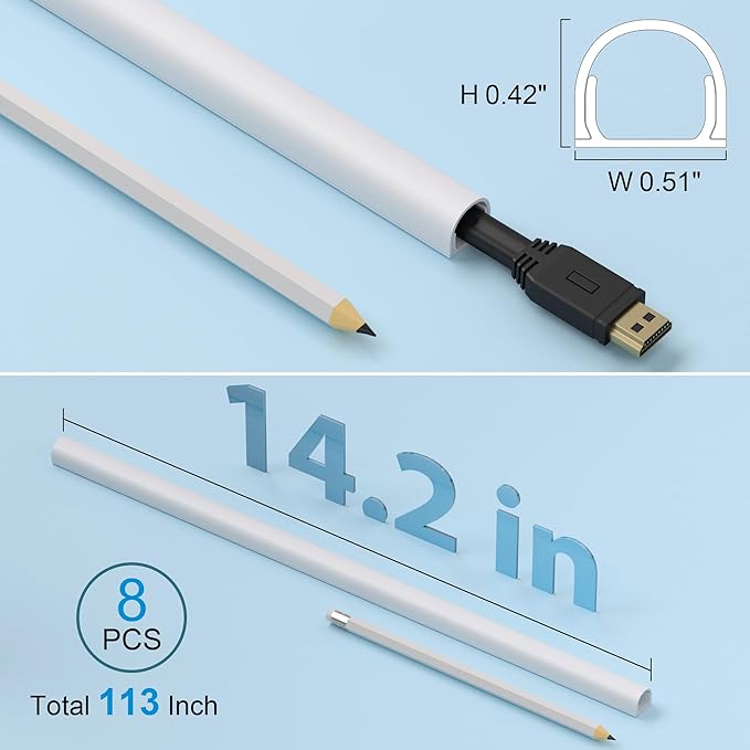 ZhiYo 113in Cord Covers for Wires on Wall, One Cord Hider Wall, Self-Adhesive Wire Covers for Cords, Paintable TV Cable Hider Cable Management Kit, 8X L14.2in, W0.5in H0.4in, White