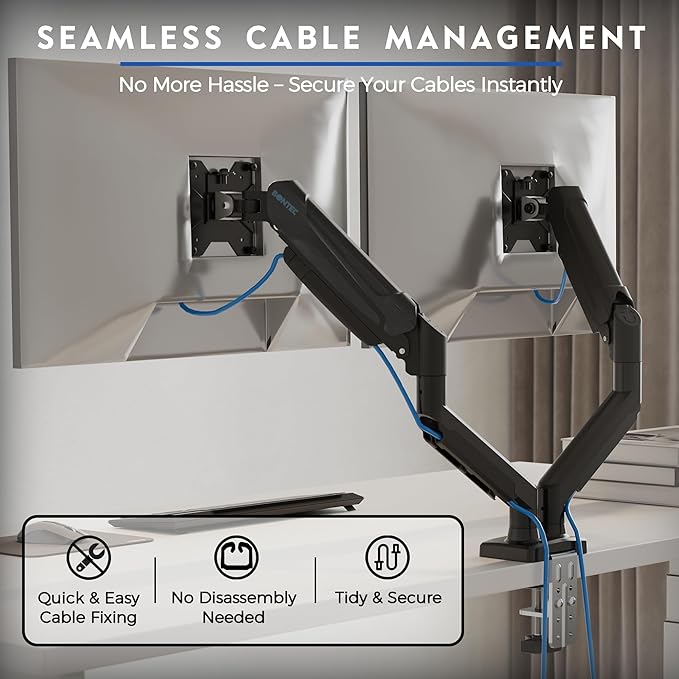 BONTEC Monitor Arm Desk Mount, Gas Spring Monitor Stand, Adjustable Full Motion VESA with C Clamp & Grommet Base, Supports 6.6-19.8lbs LCD/LED Tilt, Swivel, Rotation (Dual Arms, 15-32 Inch)
