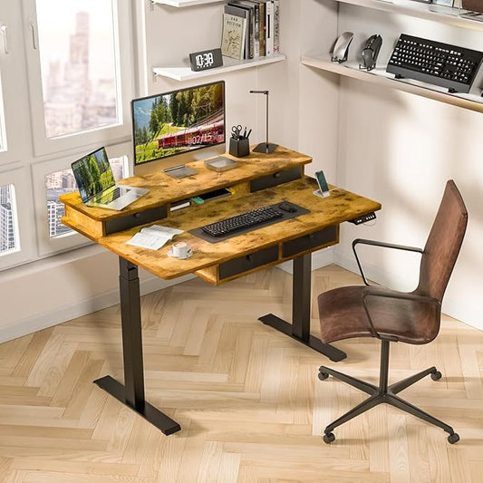 Standing Desk with Fast Charging USB Ports, 48" x 30" Height Adjustable Home Office & Gaming Desk, Sit Stand Desk with Built-in Storage Shelf, Hook & Ergonomic Design(Rustic Brown)