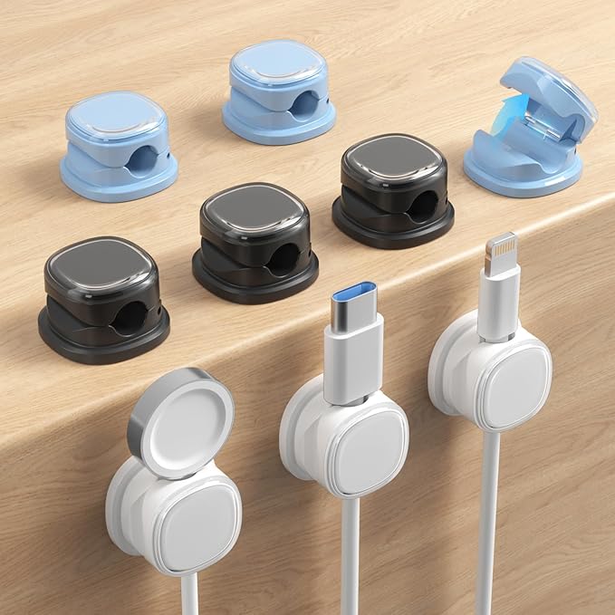 9 Pack Cord Organizer, Spring Cable Management, Adhesive Cute Cable Holder Clips, Phone Charger Wire Keeper for Desk Nightstand Car Office (9-Pack White_Blue_Black)