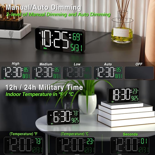 KOSUMOSU Digital Alarm Clocks for Bedrooms,6.7in Black Small Digital Clock for Bedroom, Auto Dimming,Date,Week,Seconds or Indoor Temperature,Desk Clocks for Living Room,LED Alarm Clock Calendar