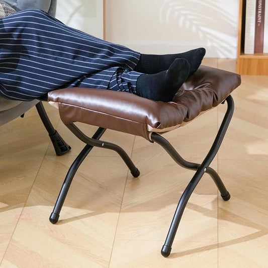 HollyHOME 15" H Folding Footrest Stool,Upholstered Foldable Ottoman with Padded Design. Features Metal Frame for Portability. Ideal for Sofas, Lazy Chairs,Living Room,Bedroom.PU Brown