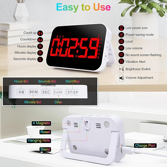 Digital Kitchen Timer, Rechargeable Magnetic Timer with Countdown/up, 5”LED Large Display 3 Brightness 4 Volume Adjustable for Cooking and for Seniors and Kids to Use-Red