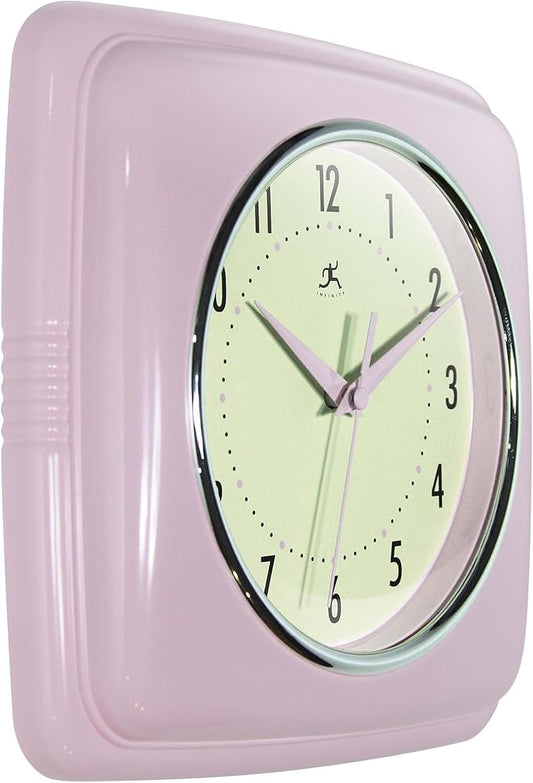 Infinity Instruments Square Retro Wall Clock, Pastel Pink, 9.25"