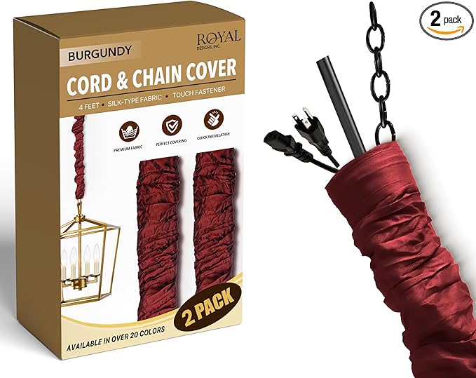 Royal Designs, Inc. Cord & Chain Cover 4 ft Silk Type Fabric, Chandelier Pendant Lighting Chain & Cable Management, Touch Fastener, Burgundy - 2 Pack
