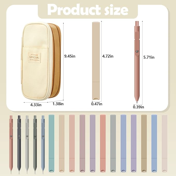 Henoyso 18 Set Aesthetic School Supplies Include Big Capacity Study Pen Bag with Zipper 12 Pcs Chisel Tip Bible Highlighters 5 Pcs Quick Dry Retractable Black Ink Pens for Student Office(Light Khaki)
