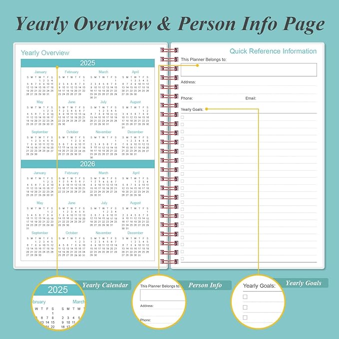 2025-2026 Planner - 18 Months Weekly & Monthly Planner from July 2025 - December 2026, Spiral Planner 2025-2026 with Elastic Closure, Inner Pocket, Medium 5.8" x 8.3", Teal Flower