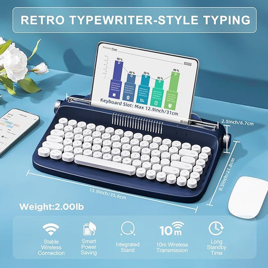 YUNZII ACTTO B303 Wireless Typewriter Keyboard, Bluetooth Connection, Cute Retro Aesthetic Design with Integrated Stand for Tablet, Phone, PC and Win/Mac/Android (B303, Midnight)