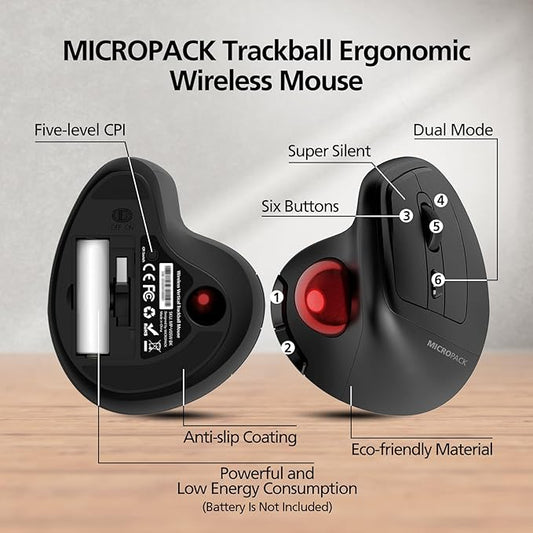 MicroPack Ergonomic Wireless Mouse with Trackball and 5 Adjustable DPI, Easy Thumb Control, Precise & Smooth Tracking. Update Bluetooth Medium-Sized Right Hand Mouse for Laptop, PC, Mac, Windows