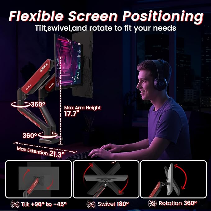 Dual Monitor Mount Gaming for Computer Screen 13-32" and up to 22 lbs,360° Rotation,+90° to -45° Tilt,180° Swivel,with C Clamp and Grommet Base,Integrated Cable Management,75x75/100x100 VESA,RED