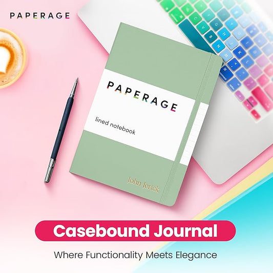 PAPERAGE Personalized Lined Journal Notebook for Writing - Customizable Text in Embossed Metallic Gold Foil, 160 Pages, 100 GSM Thick Paper, Leather Hardcover, 5.7 inches x 8 inches, Sage