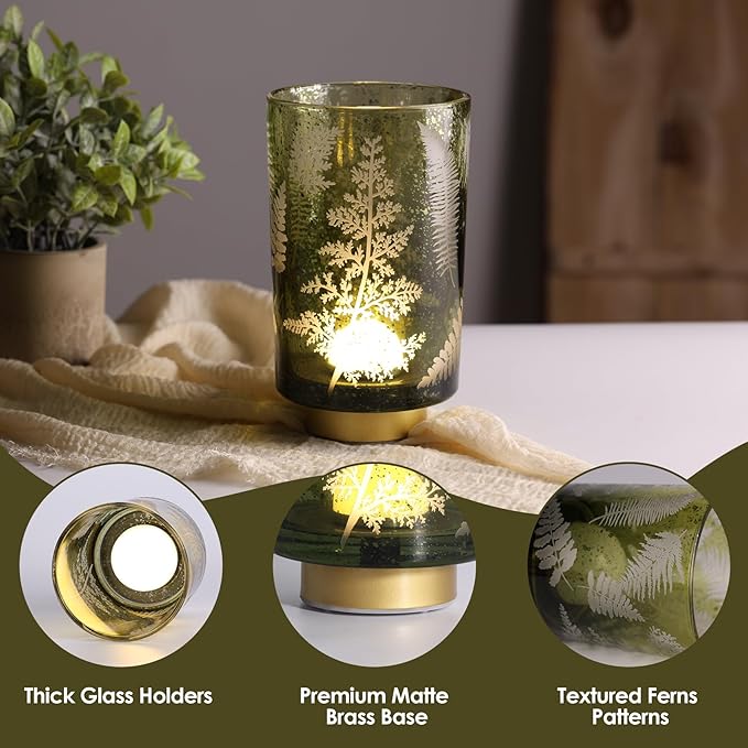 Eywamage Large Battery Operated Glass Table Lamp, Boho Green Ferns Leaves Mood Light with Remote, Cordless Bedside Accent Lamp Room Decor