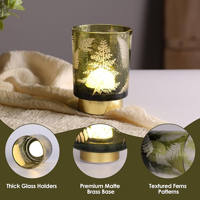 Eywamage Small Battery Operated Glass Table Lamp, Boho Green Ferns Mood Light with Remote, Cordless Bedside Accent Lamp Room Decor