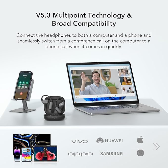 MemPod Fit 2 Open Ear Bluetooth Headphones,Wireless Earbuds with Deep Bass, Up to 45H Playtime with Charging Case, Ultra Comfort, Dual Connection, Air Conduction, for Phone/Mac Black