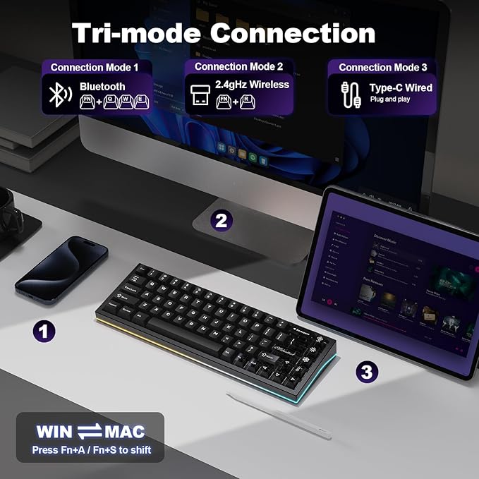 YUNZII AL65 Wireless Mechanical Keyboard, Full Aluminum CNC,Support QMK/VIA Software Gasket Structure,60% Hot Swappable with RGB Backlit BT/2.4G/USB-C for Mac/Windows(Black, Milk V2)