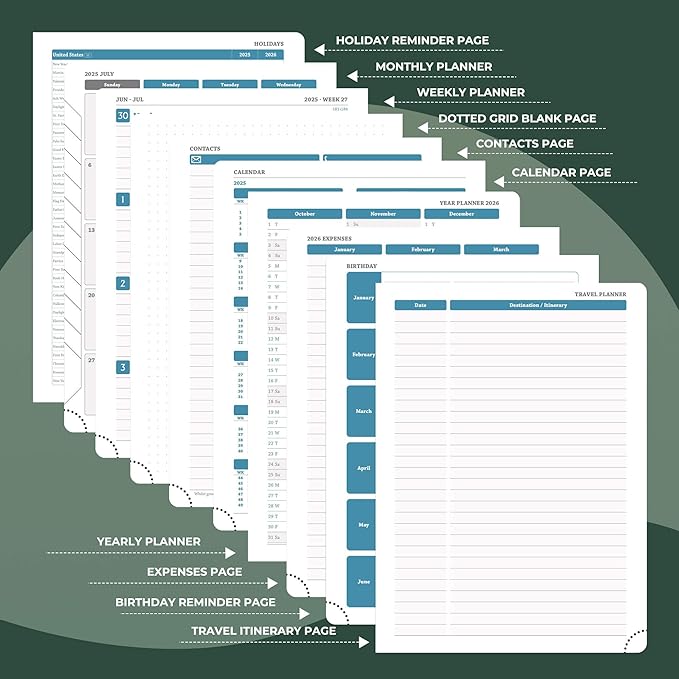 Weekly Monthly 2025-2026 Planner (July 25-Dec 26),11.5"x8.5",18 Months Agenda Plan with Month Tabs & Pocket,Expenses/Note Pages, Academic Calendar with Vegan Leather Cover,Green