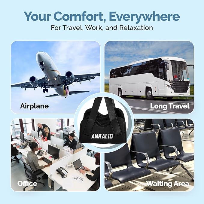 2 Pack No-Collapse Airplane Foot Hammock–Adjustable Foot Hammock for Plane Travel with Thick Bamboo Base, Lightweight Travel Footrest for Office, Flights(Black)