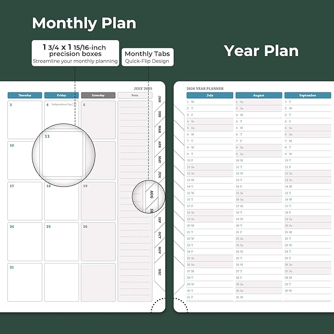 Weekly Monthly 2025-2026 Planner (July 25-Dec 26),11.5"x8.5",18 Months Agenda Plan with Month Tabs & Pocket,Expenses/Note Pages, Academic Calendar with Vegan Leather Cover,Green