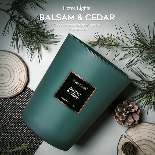 HomeLights Highly Scented Soy Candles Big 33.3 oz for Home. 3 Cotton Wicks, Smokeless Long Lasting 130 hrs in Balsam & Cedar. 5x6, Great Gift for Women & Men